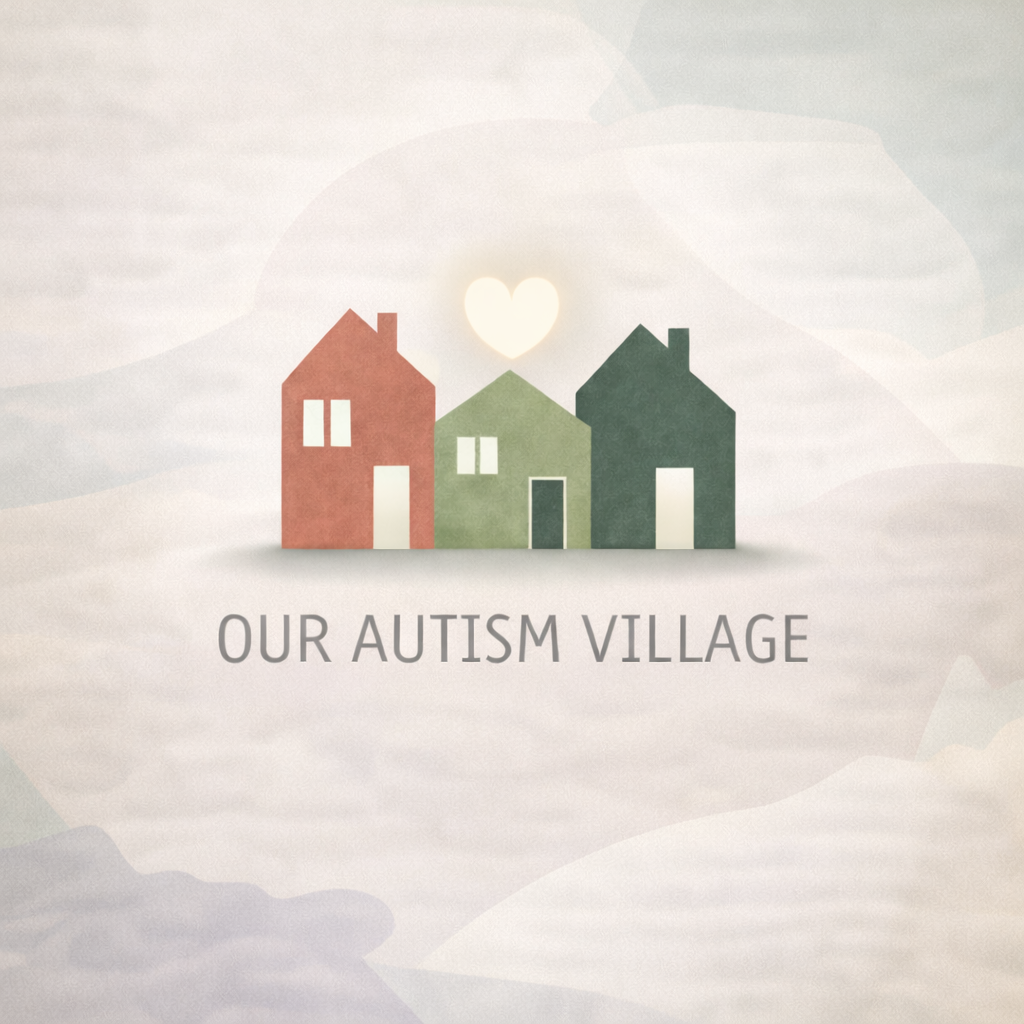 Home Our Autism Village logo with three multicolored houses with an illuminated heart above the middle house to represent a supportive village.