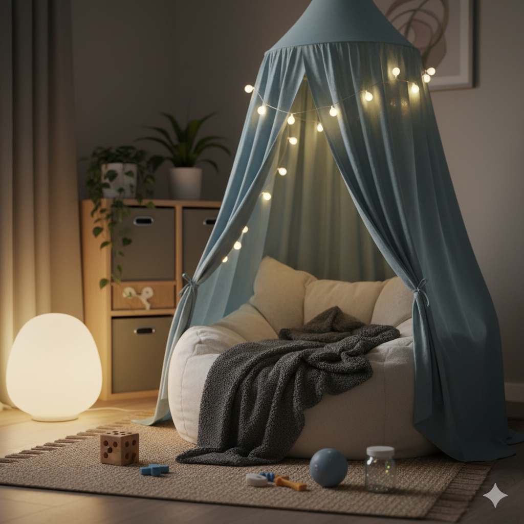 This sensory-friendly home hack features a cozy, "calm-down" corner in a bedroom with a soft white canopy tent, warm string lights, a weighted blanket, and plush pillows on a soft rug.