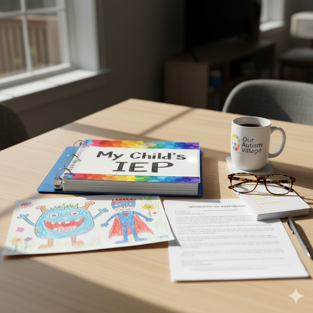 Navigating Your First IEP Meeting A wooden table with an organized "IEP Advocate" binder, a colorful child's drawing of a sun and house, a pair of glasses, and a cup of coffee, representing preparation for a school meeting.
