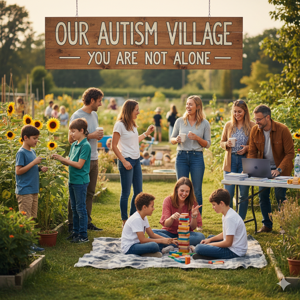 Get Autism Parent Support Here. Image features a diverse group of families and children playing together in a sunny community garden under a wooden sign that reads "Our Autism Village - You Are Not Alone."
