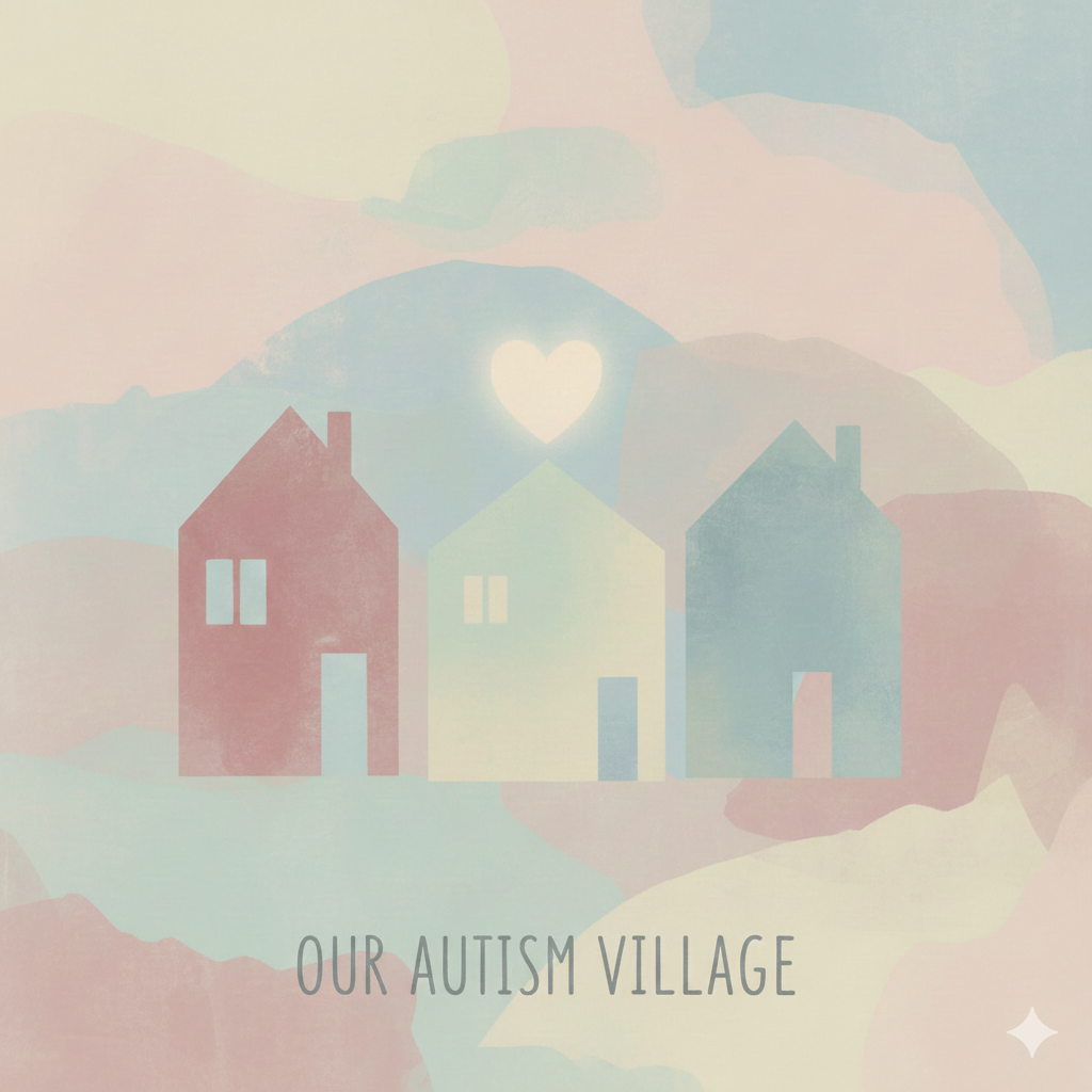 Three abstract, minimalist houses in muted pastel colors with a soft heart symbol floating over the middle house and the text "Our Autism Village" below.
