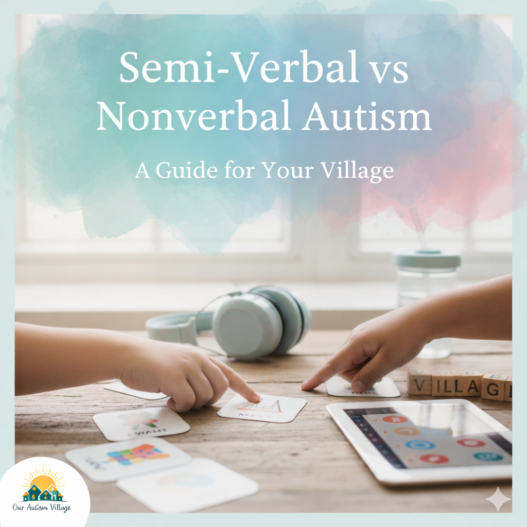An overhead view of a wooden table with communication tools including picture cards, a digital tablet, noise-canceling headphones, and wooden blocks spelling "VILLAGE." Two children's hands are pointing to the cards.