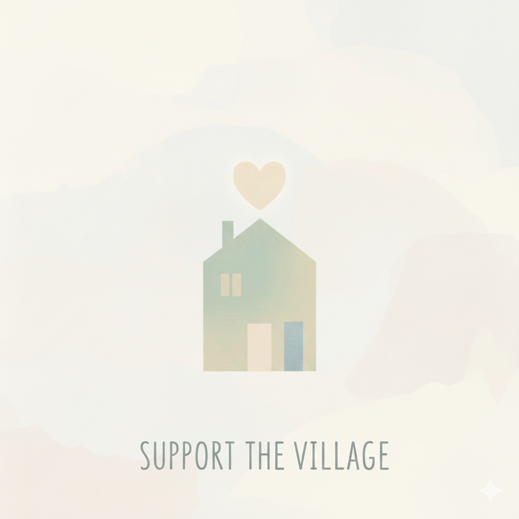A single minimalist house illustration in a muted pastel sage green tone. A simple, soft heart symbol floats directly above the roof, with the text "Support The Village" written in a clean, modern font below. The background is a plain, neutral off-white.