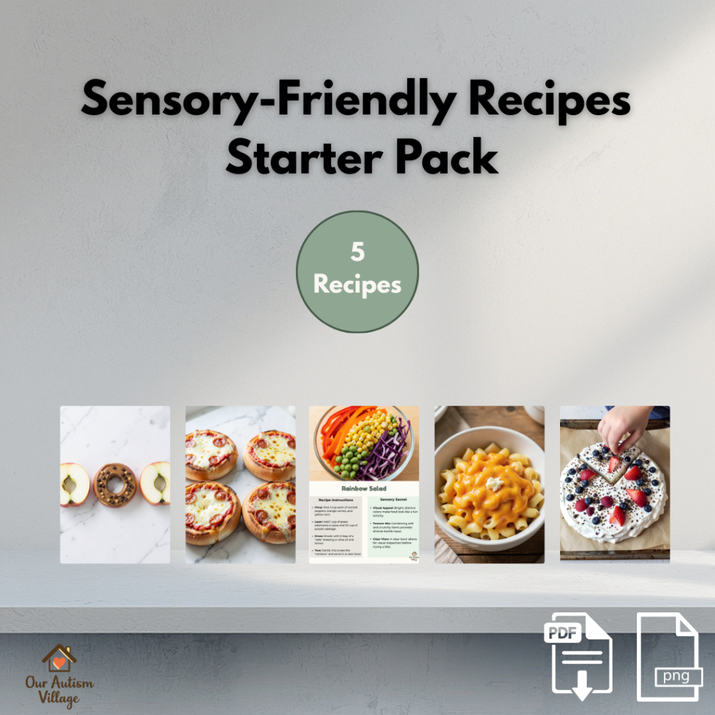 Home Sensory Friendly Recipes Starter Pack Promotional Image with 5 recipe cards on a marble kitchen counter