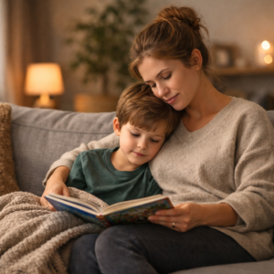 Illustration of a parent and child sharing a calm moment together on a couch.