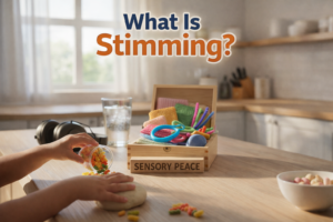 Child’s hands exploring playdough and colorful sensory items on a sunlit kitchen table, with the title ‘What Is Stimming?